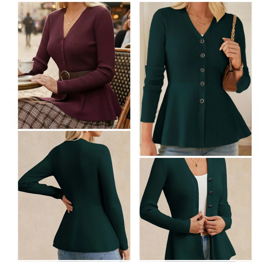 Grace Karin Peplum Hem Cardigan V-Neck Button-up Dark Green Blazer Sweater S